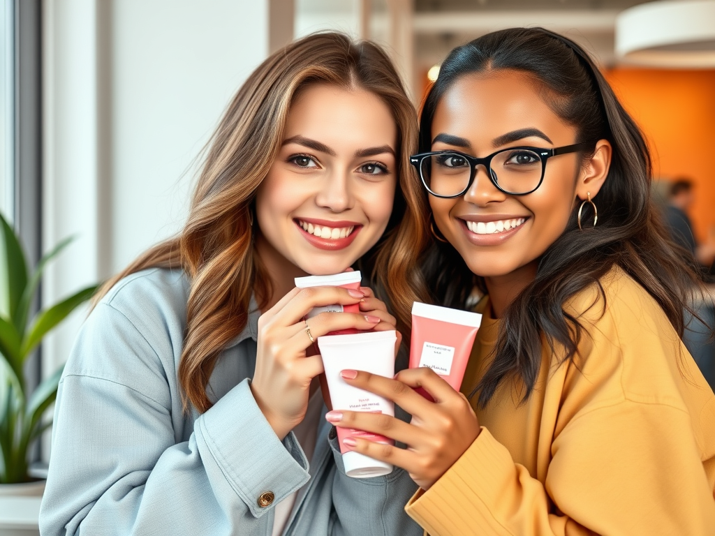 Two smiling influencers holding beauty products, collaborating with a brand for Instagram influencer marketing. 兩位微笑的網紅手持美妝產品，與品牌合作進行Instagram網紅行銷推廣。