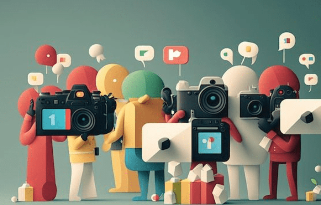 Colorful characters holding cameras and message icons, symbolizing active engagement across various social media platforms managed by NiHow Global. 多彩角色拿著相機與訊息圖示,象徵 NiHow Global 管理多元社群媒體平台、活躍經營品牌社群。
